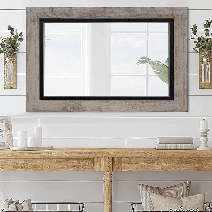 YOSHOOT Rustic Wooden Framed Wall Mirror, Natural Wood and Iron Bathroom Vanity