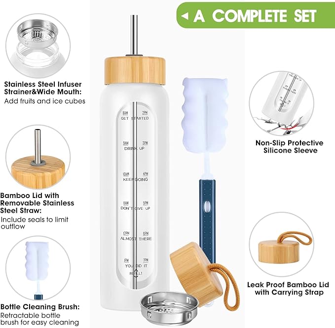 32 oz Glass Water Bottle with Straw - Motivational Time Marker & Silicone Sleeve - Reusable Tumbler Includes 2 Bamboo Lids & Fruit Infuser - 1 Pack