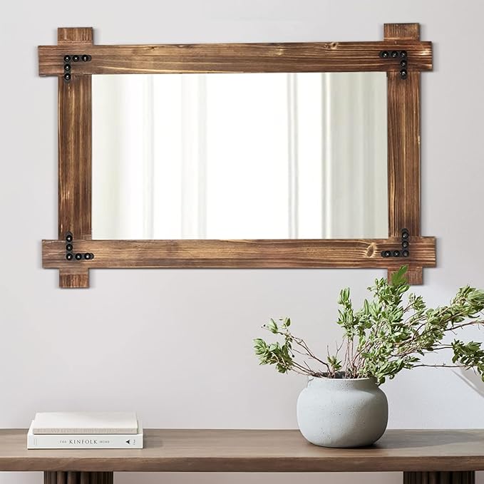 MeMoreCool 36x24 Farmhouse Rustic Wood Framed Bathroom Mirror, 24x36 Inch Wall
