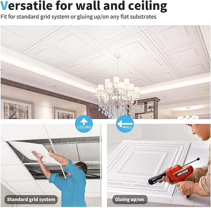 Art3d 48 Pack PVC Ceiling Tiles 24x24 Inches Waterproof Drop Ceiling Tiles/Wall