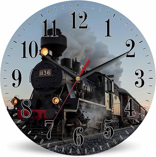 Mxocom Morning Train Wall Clock Old Steam Train Smoke Rairoad Sunrise 10 Inch
