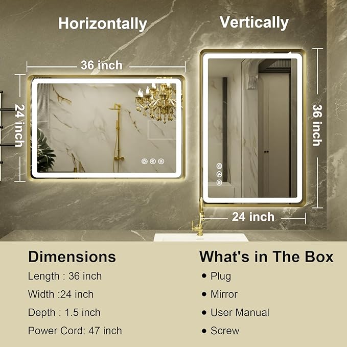 24''x36'' Gold Framed LED Bathroom Mirror