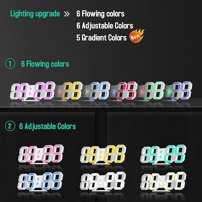 3D LED Digital Wall Clock 9.7" RGB Neon Alarm Clock, Large Display Desk/Wall
