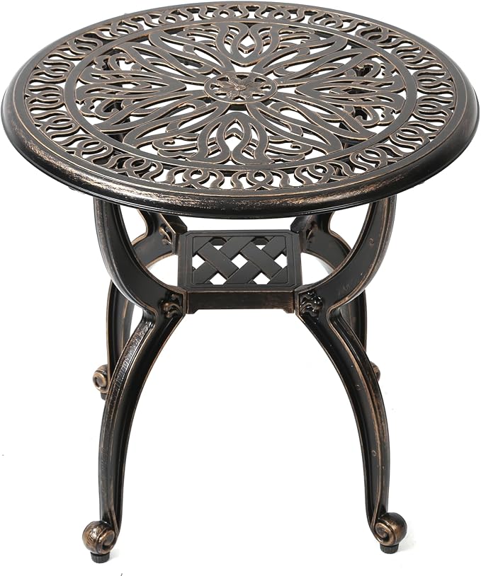 C/G patio casa C/G Cast Aluminum Side Table,Decorative Outdoor End Table, Ornate Floral Pattern (Round, Copper)