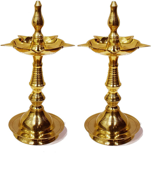 Craftsman Kerala Diya 11 Inch Pure Brass Oil Lamp Pack of 2 Golden Engraved Design