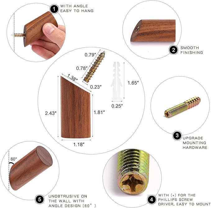 Felidio Wood Wall Hooks, 3 Pack Rustic Coat Hook Wall-Mounted, Decorative Hooks