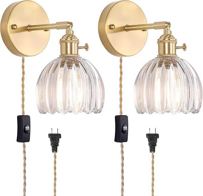 Shenmoyl Plug in Wall Sconce, Transparent Tulip Glass Lampshade Wall Light