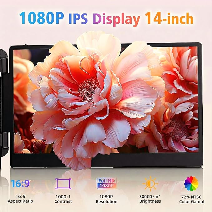 Laptop Screen Extender - 14" FHD 1080P IPS Portable Computer Monitor for Laptops, Dual Screen Travel Monitor for Laptops 13-17" with USB-C/HDMI Port, Plug & Play for Windows/Mac/Android/Switch/PS