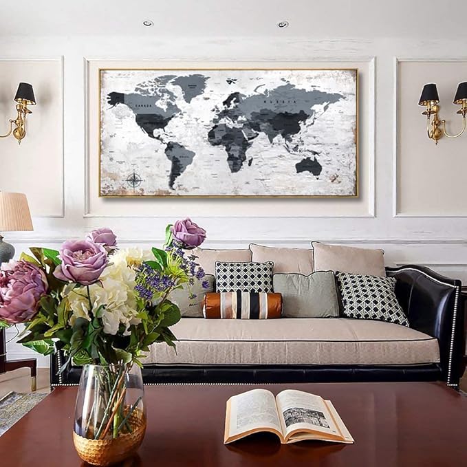 Framed wall art World Map Wall Art Canvas Picture 30inchx60inch Large Black and