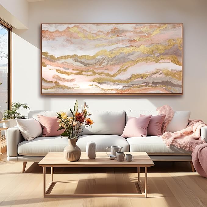 Abstract Pink Canvas Wall Art Framed Gold Abstract Line Artwork