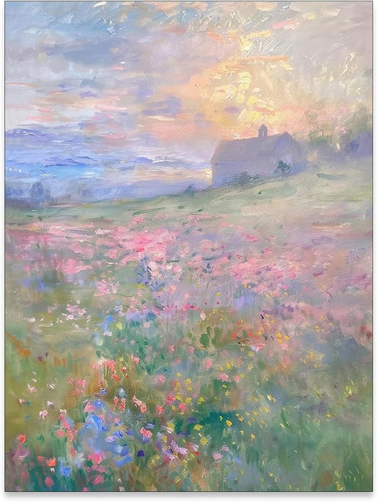 rumlud French Country Floral Wall Art Vintage Colorful Flower Field Landscape