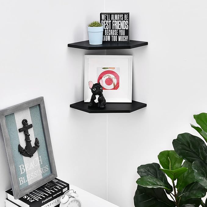 WELLAND 12-Inch Black Floating Corner Shelves Set of 2, Wall Mounted Storage
