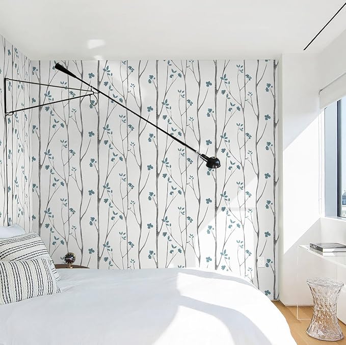 Timeet Peel and Stick Wallpaper White and Blue Floral Wallpaper Boho Leaf