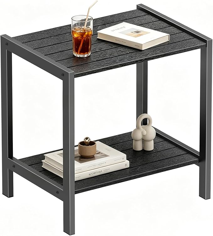 Outdoor Side Table with Storage,Weather-Resistant Square Patio End Tables,2-Tier Small Outdoor Accent Table for Backyard,Pool,Deck,Garden,Waterproof,Easy-to-Clean & Assembly,Black