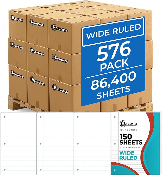 Rosmonde 576 Pack (Pallet) Loose Leaf Paper Bulk, 86400 Sheets, Wide Ruled, Pallet of Filler Paper, 150 Sheets/Pack, 8 x 10.5", 56 Gsm Thick Sheets, 3 Hole Punched, School & Office, 4-7 Days Transit