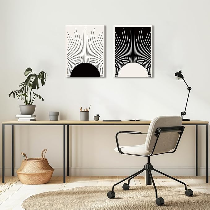 Hwetui Framed Boho Sun Wall Art Set of 2 Black and White Minimalist Sunrise