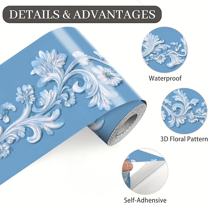 Blue Floral Wallpaper Border 196x4 Inch Peel and Stick Wall Border Elegant