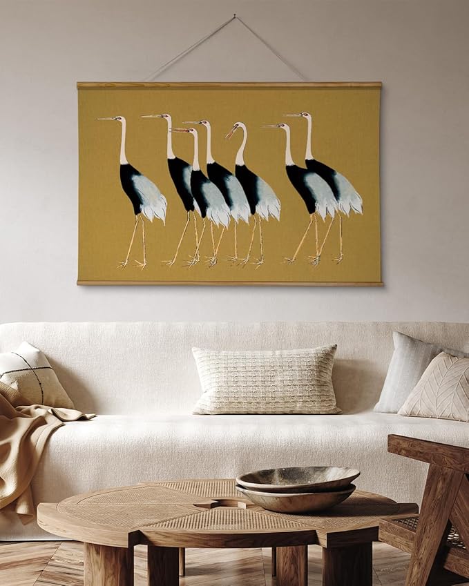 VIYYIEA Extra Large Size Canvas Wall Art, 36x54 Vintage Scroll Hanging Crane Print, Elegant Bird Animal Artwork for Living Room, Bedroom, or Office