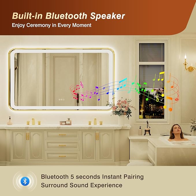 32x55 Inch Gold Framed LED Bathroom Mirror
