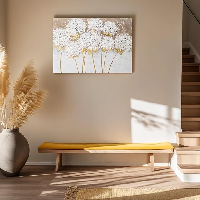 JolyWell White Hydrangea Flower Wall Art, hand-painted Large Canvas Wall Art