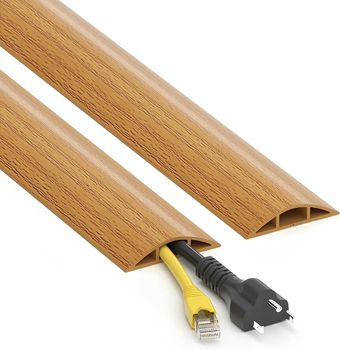 Floor Cord Cover 4ft, Yellow Oak Wood Cord Hider Floor Hide Extension Cords, PVC Cable Management Cover, Cable Protector Wire Cavity W0.6in x H0.32in