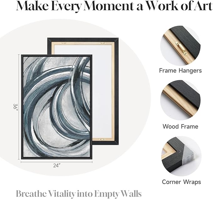 Framed Blue Gray Abstract Wall Art Set of 2, Modern Circle Line Canvas Artwork