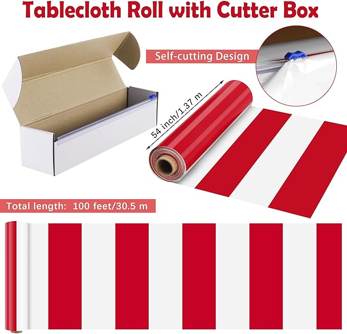 Kochorie 100 Ft x 54 Inch Red & White Striped Tablecloth Roll