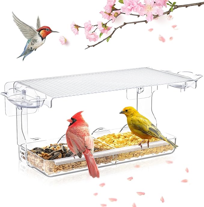 SUNALLY Window Bird Feeder for Outdoors, Clear Wild Bird Feeders Window Mounted with Self-Adhesive Hooks, Outside Hummingbird, burd, Oriole, Finch Bird Watching for Garden, Yard, Elderly Kids Viewing