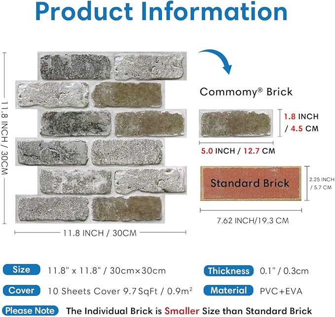 COMSTICKC 3D Faux Brick Wall Panel Peel and Stick, Small Size, Ultra-Light PVC