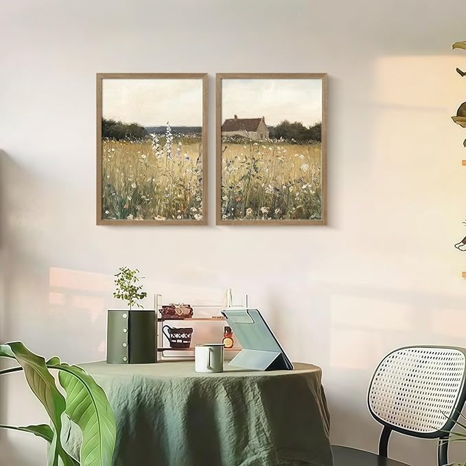 Two Framed Canvas Vintage Wildflower Wall Decor Country House and Wildflower Print Natural Botanical Landscape Wall Decor for Farmhouse Living Room or Bedroom 12x16 Inch