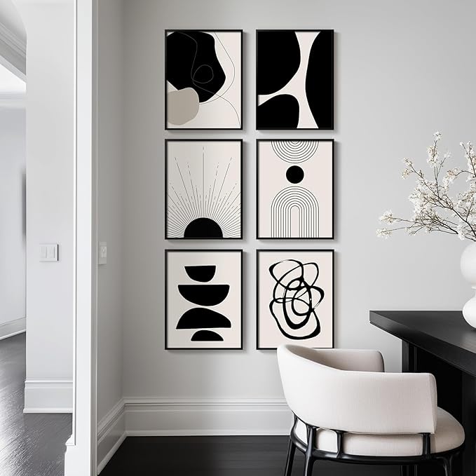Framed Boho Black and White Abstract Wall Art, Minimalist Geometric Pictures