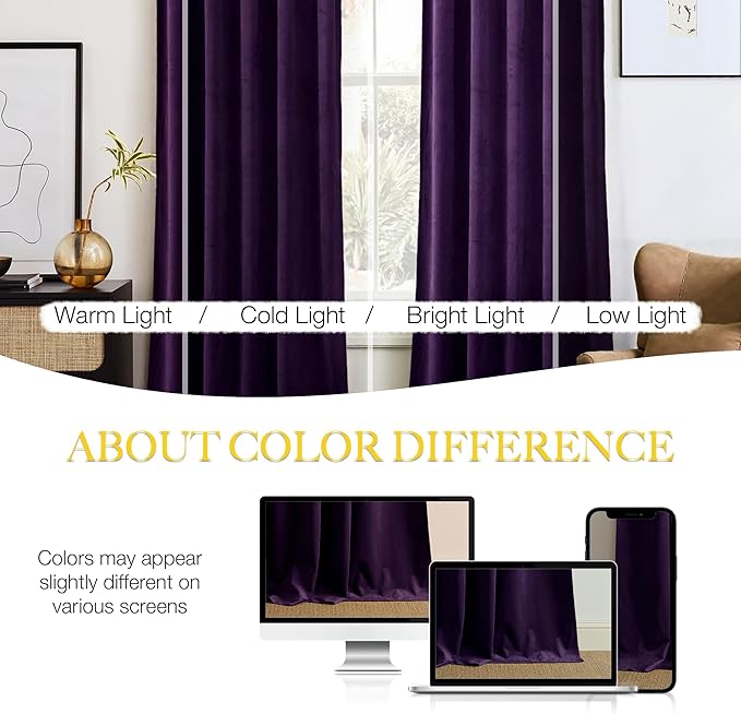 NICETOWN Purple Velvet Curtains 90 inches Long 2 Panels Set, Thermal Insulated