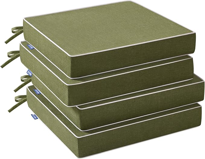 MIULEE Green Outdoor Chair Cushions Set of 4, 19x19x3 Inch Waterproof Patio Seat Cushions for Outdoor Furniture Couch Sofa, 3 Year Color Fastness High Density Foam with Adjustable Ties