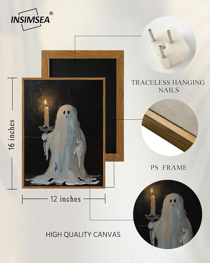 InSimSea Framed Canvas Art Prints, Vintage Halloween Decor, 12x16inch, Cute Spooky Ghosts Decor for Bedroom Kitchen Living Room shelf Fireplace, Dark Academia Gothic Pictures