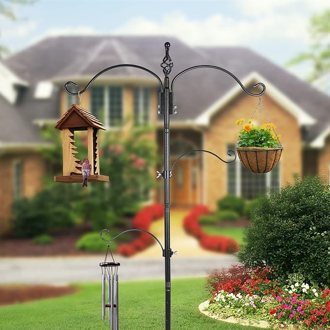 Bird Feeding Station Feeder Pole - Multi Hook 63 inches Stand for Watching Attracting Wild Bird Outdoor Hanging Pole by Highpro, 5-Prong Anchor Base