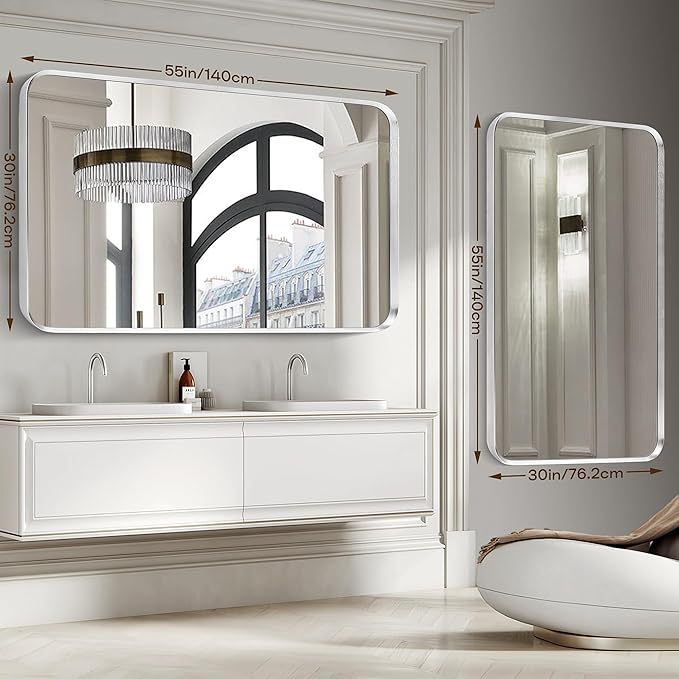 Brushed Nickel Bathroom Wall Mirror, Tempered Glass, Shatter Proof, Hangs