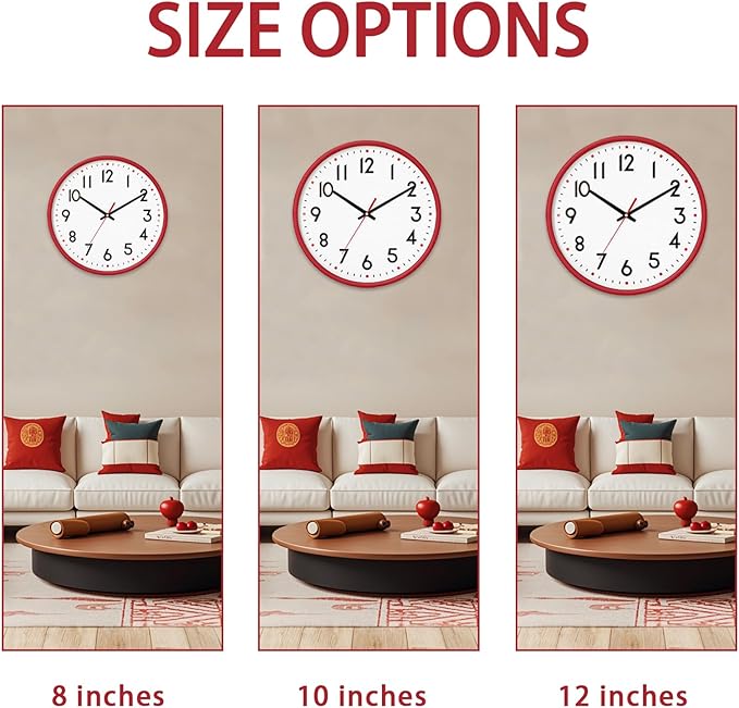 HZDHCLH Wall Clock Red, Silent Wall Clocks Battery Operated 8 Inch Modern Non