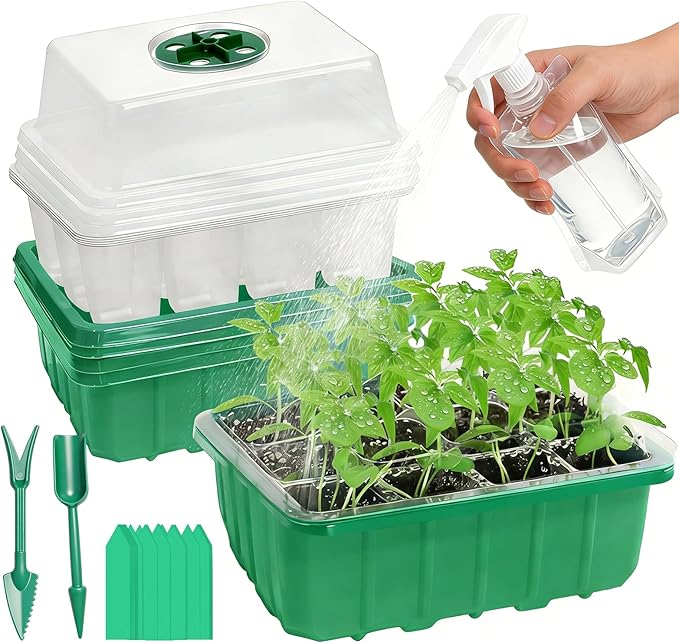 Seed Starter Tray Kit, 5 Pcs Seed Starting Trays with Humidity Dome and Base Plant Starter Kit for Seed Germination and Growing, with Plant Labels and Foldable Watering Can