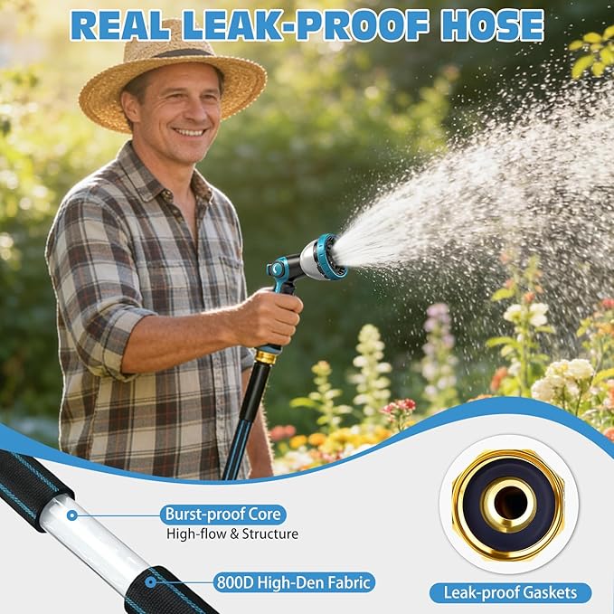 Halfjuly Garden Hose 75FT, Flat Non-Expandable Lightweight Water Hose, Durable Flexible Heavy Duty No Kink Design with 3/4" Fittings, 10 Way Spray Nozzle for Outdoor Yard Lawn