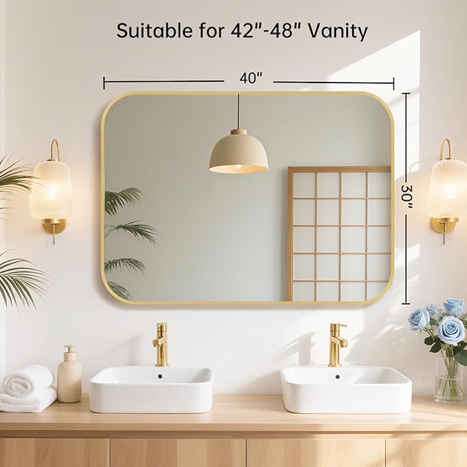 40x30 Inch Gold Bathroom Mirror, Brushed Gold Metal Framed Rectangular Mirror