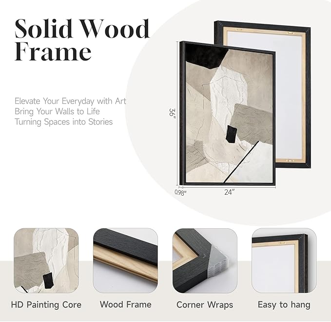 Framed Neutral Beige and Black Abstract Wall Art
