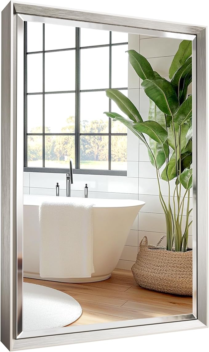 Silver Bathroom Mirror, Rustproof Rectangle Silver Framed Mirror