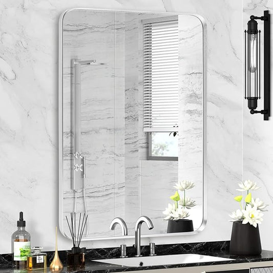 Silver Framed Bathroom Mirror, Brushed Nickel Rounded Corner Rectangle Wall