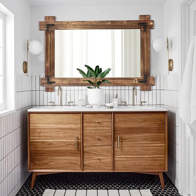 MeMoreCool 36x24 Farmhouse Rustic Wood Framed Bathroom Mirror, 24x36 Inch Wall