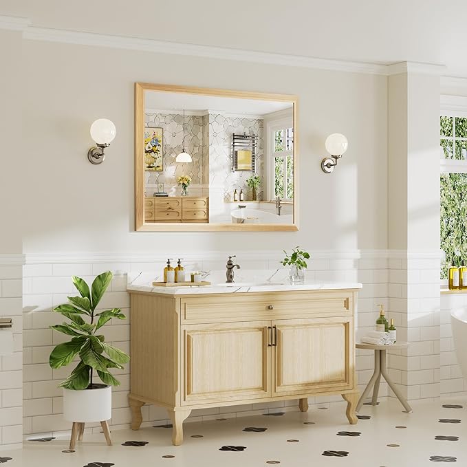48x36 Inch Bathroom Mirror for Wall, Anti-Rust Oak Wood Grain Metal Framed