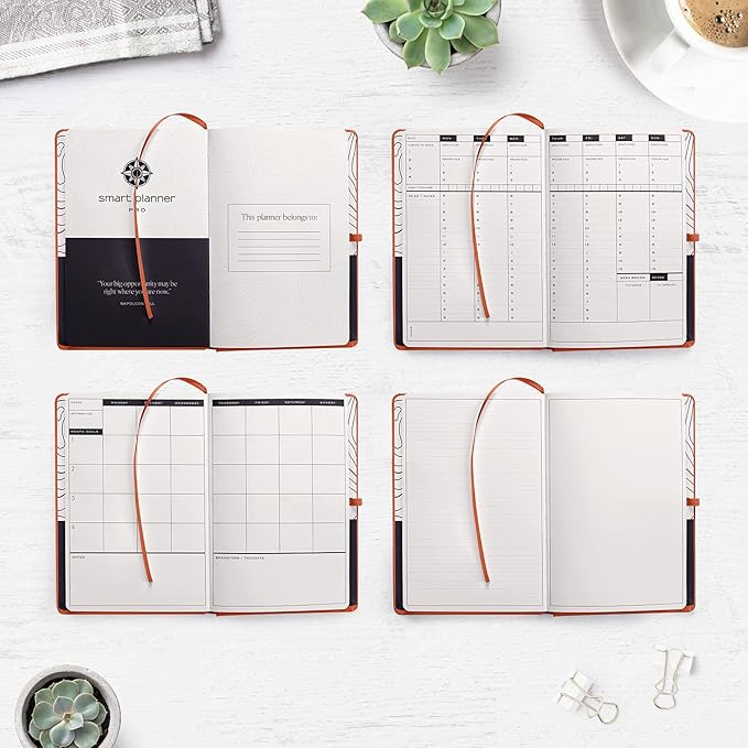 Smart Planner Pro – Undated Daily Planner – Small A5 – Achieve Goals & Increase Productivity – Weekly, Monthly, Work Sections, Organizer Diary with Back Pocket, 3 Satin Bookmarks & Pen Holder