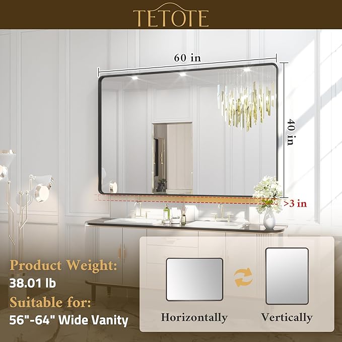 TETOTE 60 x 40 Inch Black Frame Mirror, Bathroom Vanity Mirror