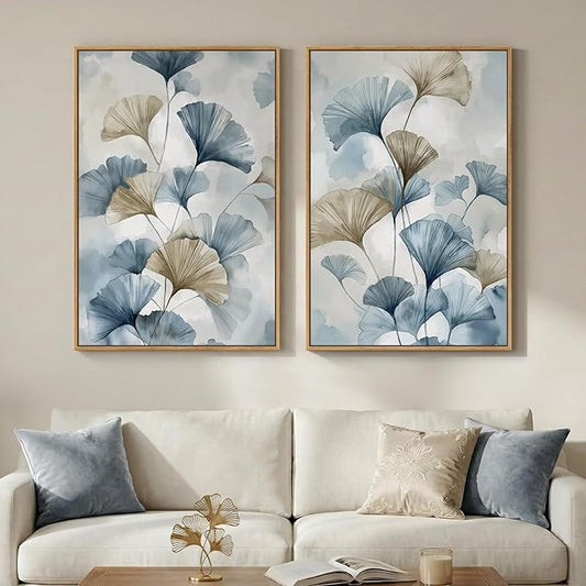 Large Framed Blue Botanical Wall Art Set of 2, Neutral Minimalist Canvas