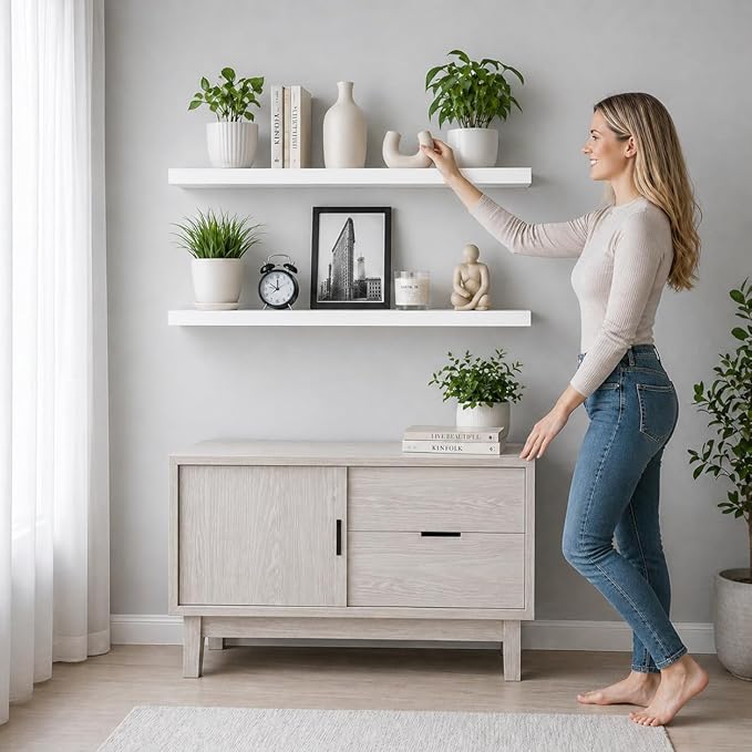 Floating Shelves 48 Inch Long 8" Deep Set of 2, Heavy Duty Wood Wall Mounted