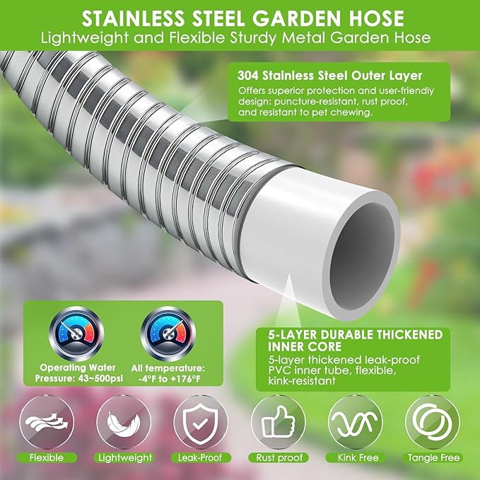Stainless Steel Garden Hose 25 ft - 304 Stainless Steel Kink-Free Metal Water Hose with Shut-Off Valve & Hose Straps, Heavy Duty, Rust/Puncture Proof for Yard, Lawn and Car Washing, 25 Feet